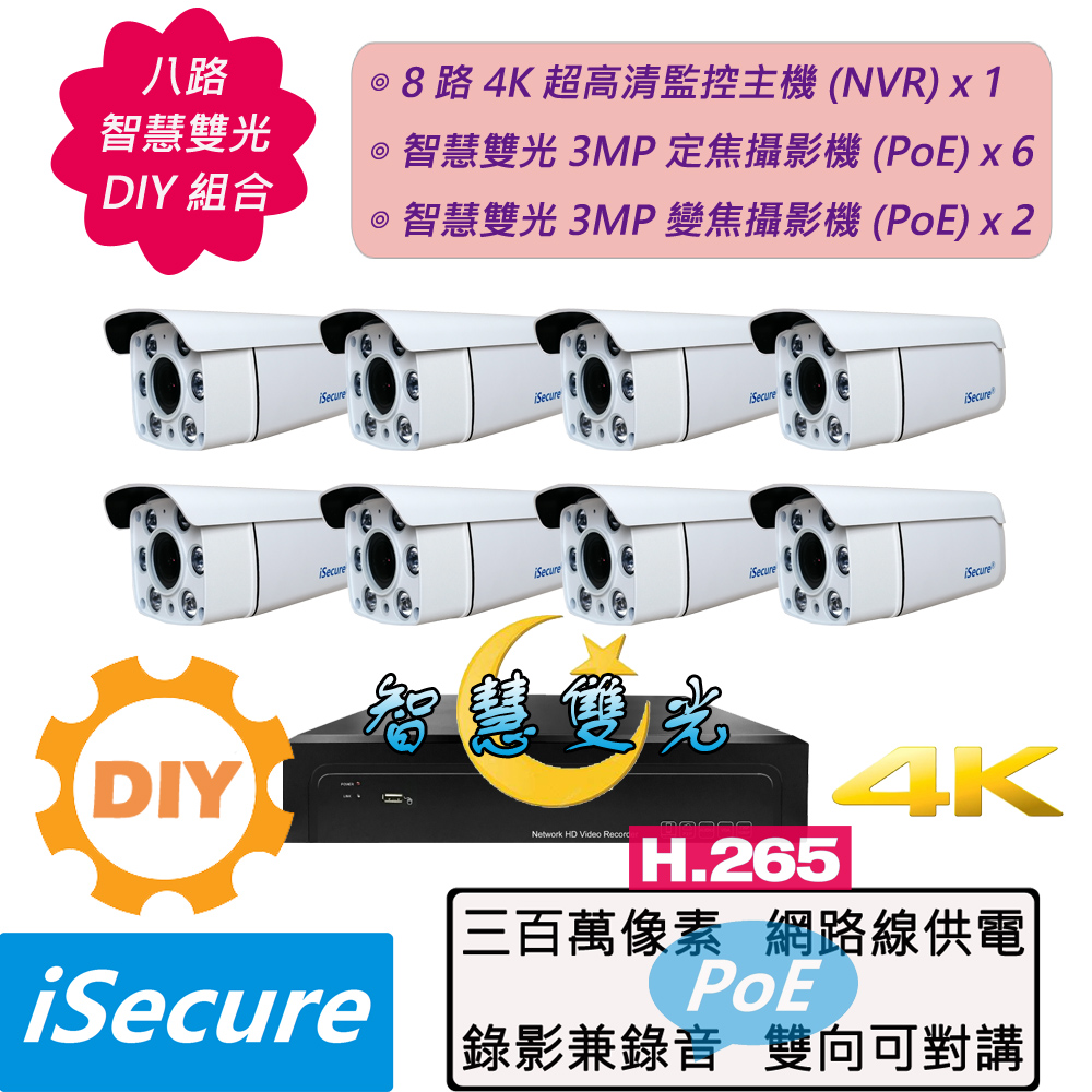 iSecure 英廣連 _8 路智慧雙光 DIY 監視器組合: 1 部 8 路 4K 超高清監控主機 (NVR) + 6 部 3MP 定焦子彈型攝影機 (f: 4mm) + 2 部 3MP 四倍變焦子彈型攝影機 (f: 2.8~12mm), 主要賣點: 標配 12 條 20 米網路線+智慧雙光源+攝影機全部免接電源 (PoE)（其他規格）