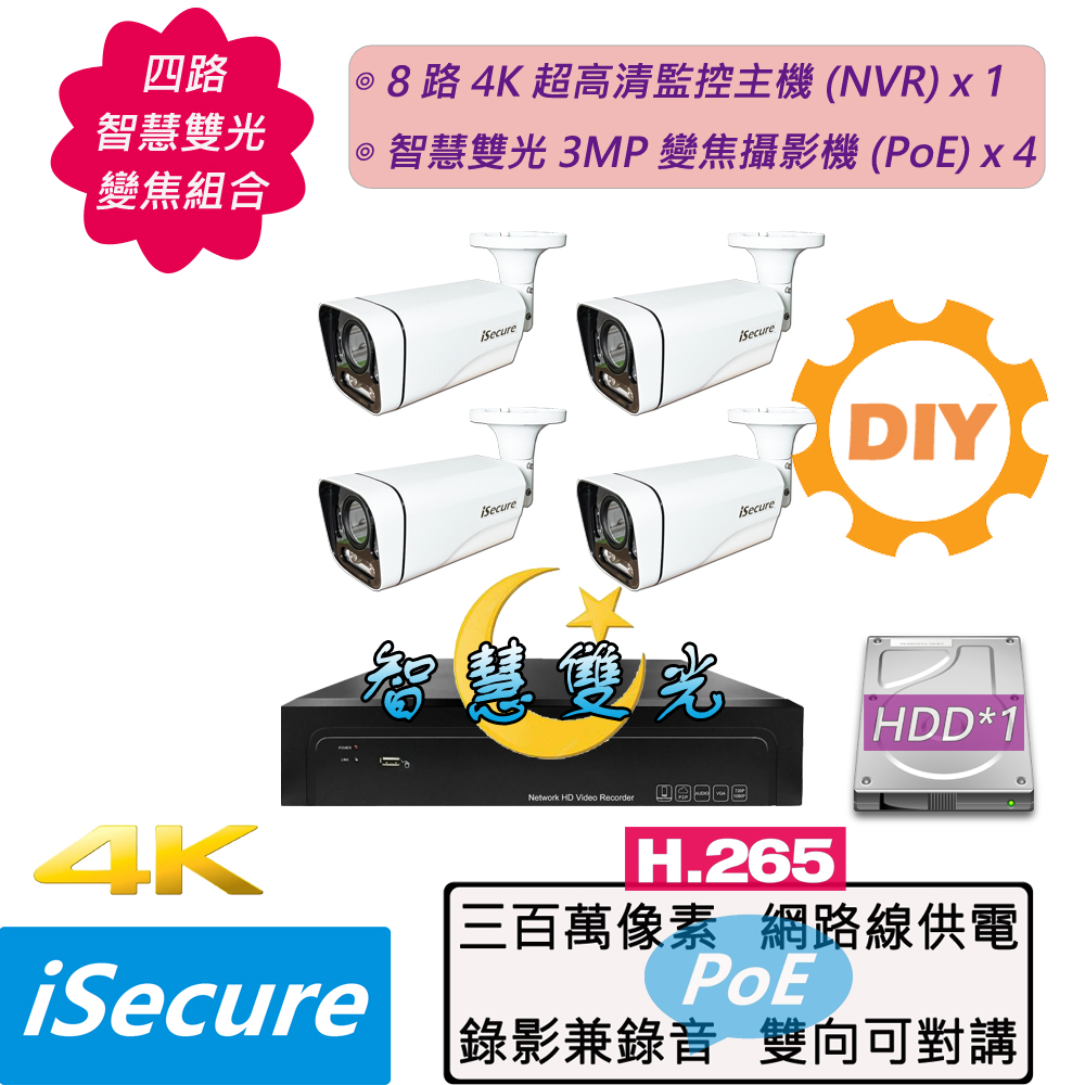 iSecure 英廣連 _四路 "智慧雙光 " DIY 監視器組合: 1 部八路 4K 超高清網路型監控主機 (NVR) + 4 部智慧雙光 3MP 五倍變焦管型攝影機 (PoE) + 6 條 20 米網路線 + 2 個網線延長頭（其他規格）