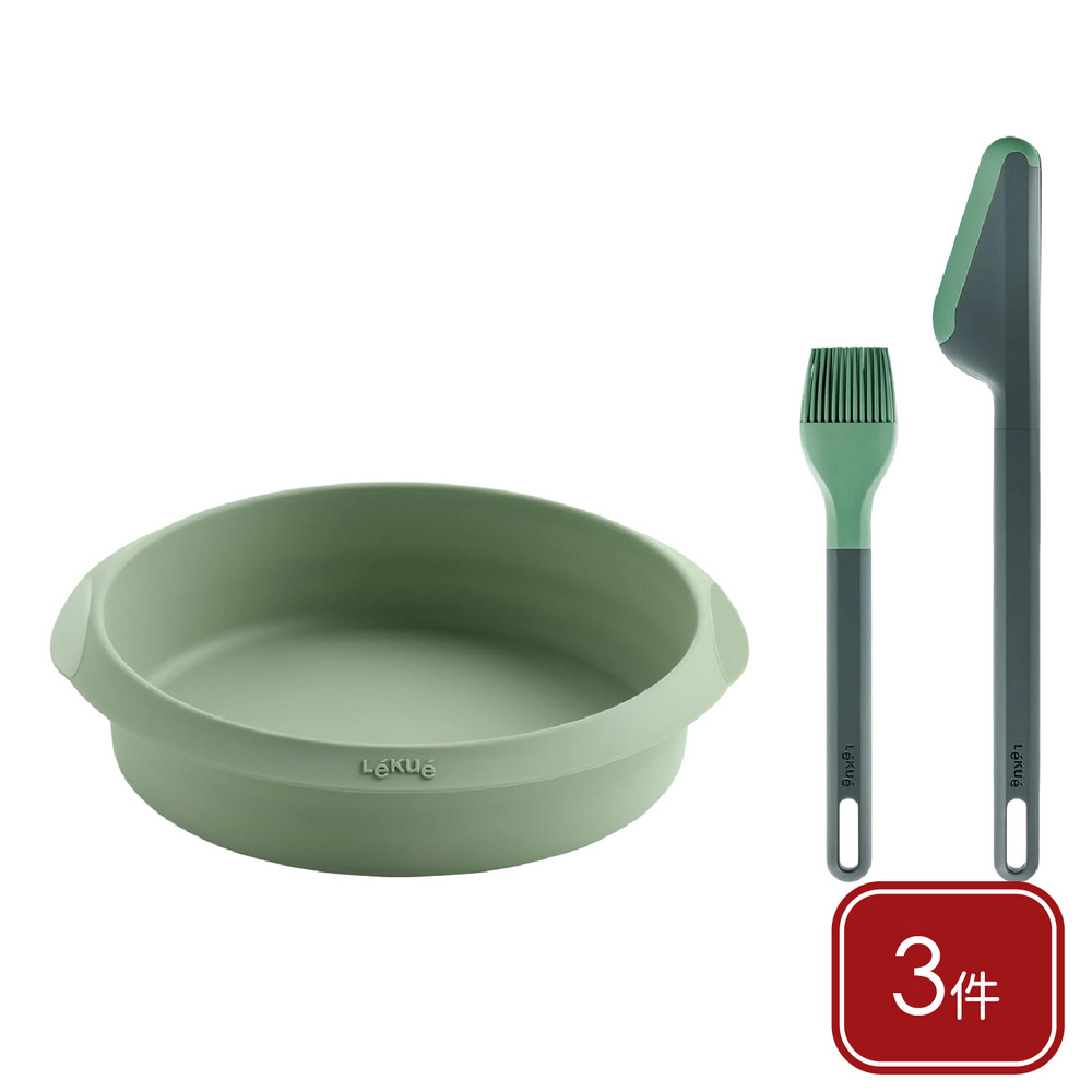 LEKUE 西班牙 氣炸鍋矽膠用具3件(草綠) / 餐夾 醬料刷 氣炸鍋烤墊 氣炸鍋模具 氣炸鍋烤盤 洗碗機可洗