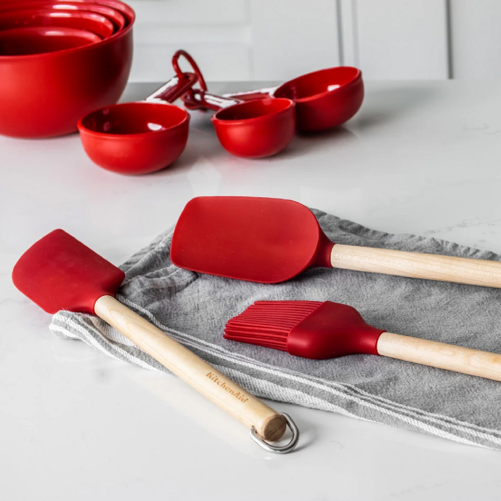 KitchenAid 美國 不沾鍋木柄矽膠烘焙用具3件(櫻桃紅) / 攪拌刮刀 奶油刮刀 抹刀 料理刷 烤肉刷 矽膠匙
