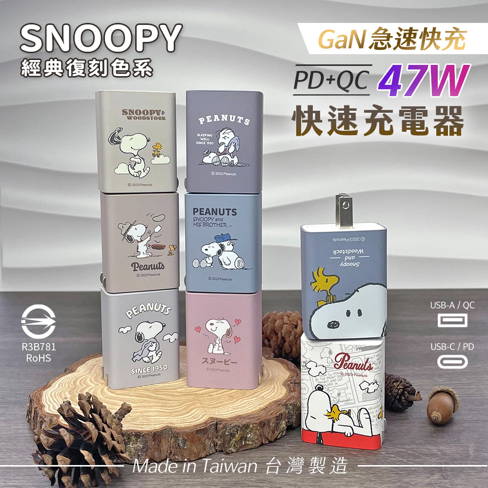 SNOOPY 史努比 【正版授權】 鳳梨酥系列 經典復刻色系 47W GaN氮化鎵 PD+QC 急速充電器