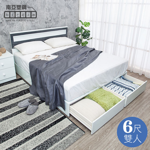 Birdie 南亞塑鋼-6尺雙人加大後二抽屜收納型塑鋼床組(床頭片+抽屜床底)(不含床墊)(鐵刀木色)