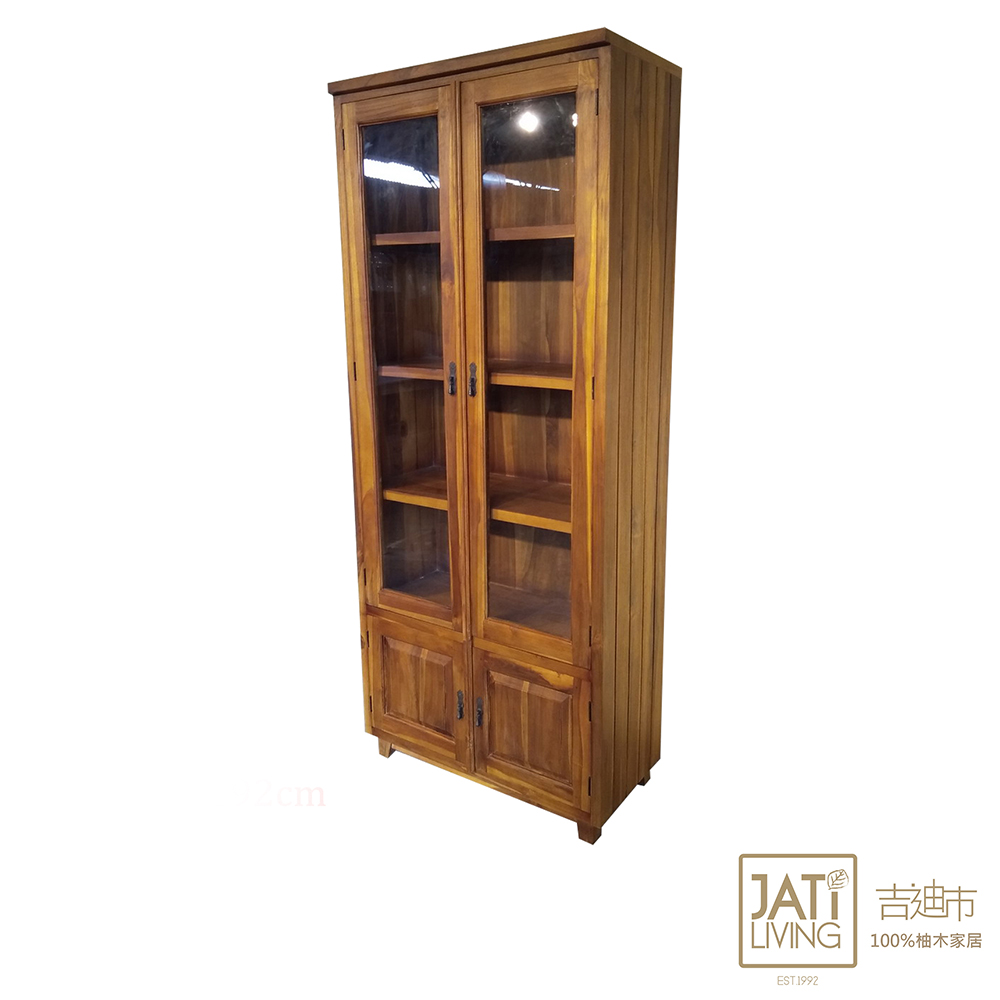 吉迪市柚木家具 【吉迪市100%全柚木家具】柚木多層式玻璃雙門書櫃 展示櫃 層架 書架 陳列架 木櫃 RPBC014A