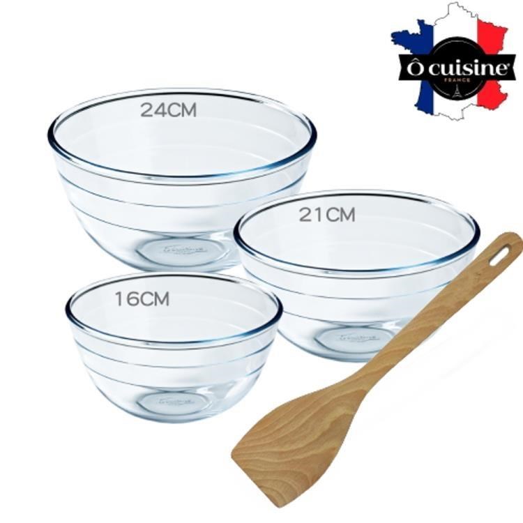 O cuisine 百年工藝耐熱玻璃調理盆3入送木鏟