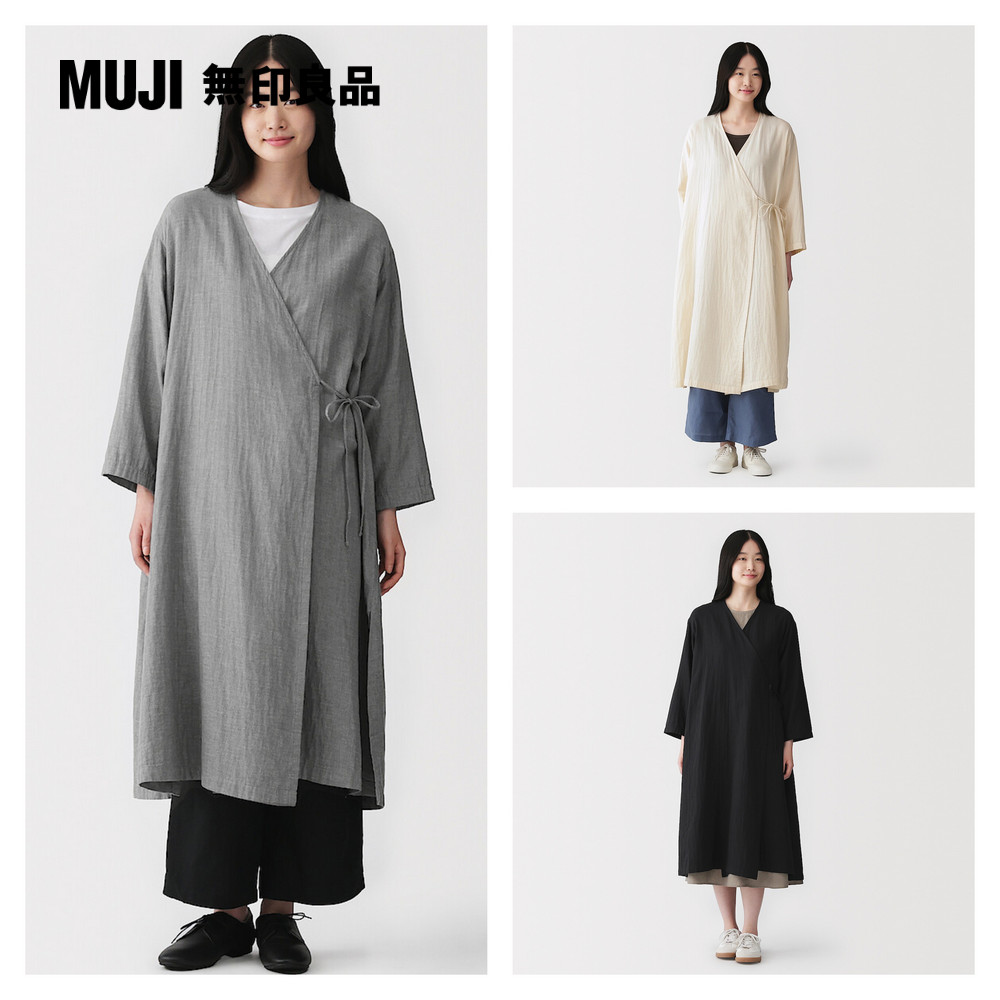 MUJI 無印良品 女吉貝木棉混二重紗織交叉綁帶洋裝【共3色】