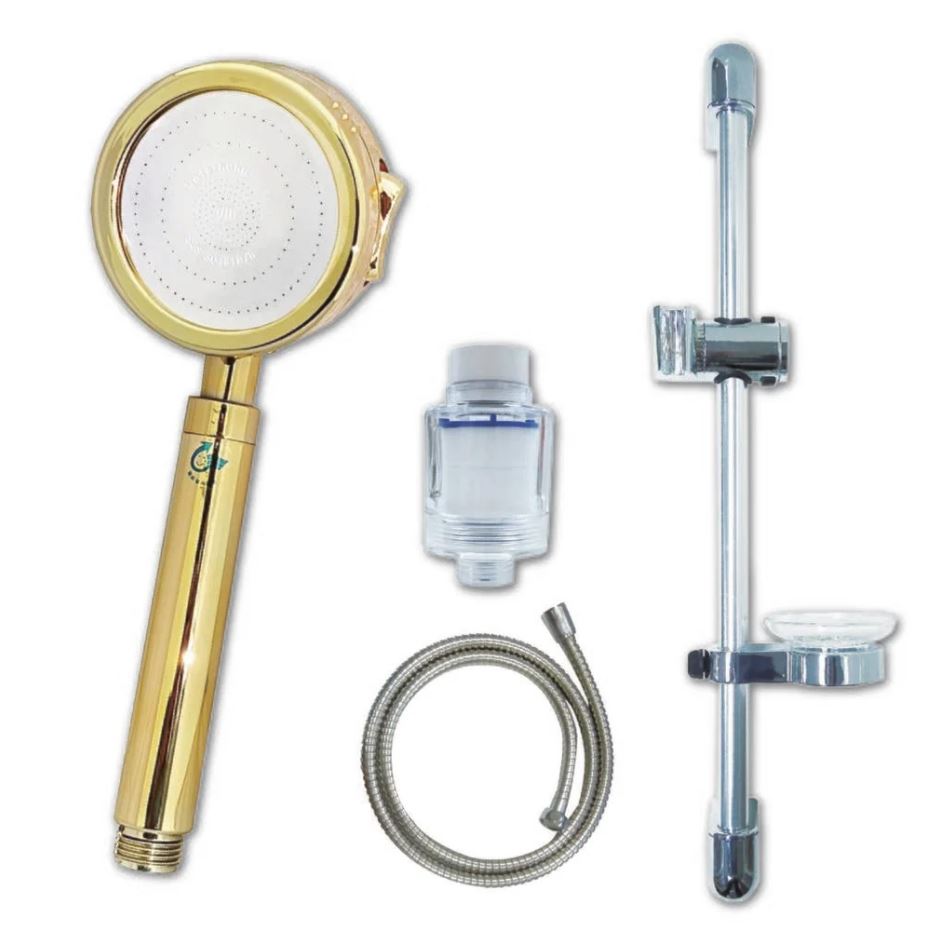 motely 魔特萊 韓國熱銷Waterhuhu 水呼呼三段增壓淨水蓮蓬頭(WH388金銀雙星花灑1+除氯過濾器1+軟管1+可升降不鏽鋼滑桿掛座)金牌獎螺旋出水面板