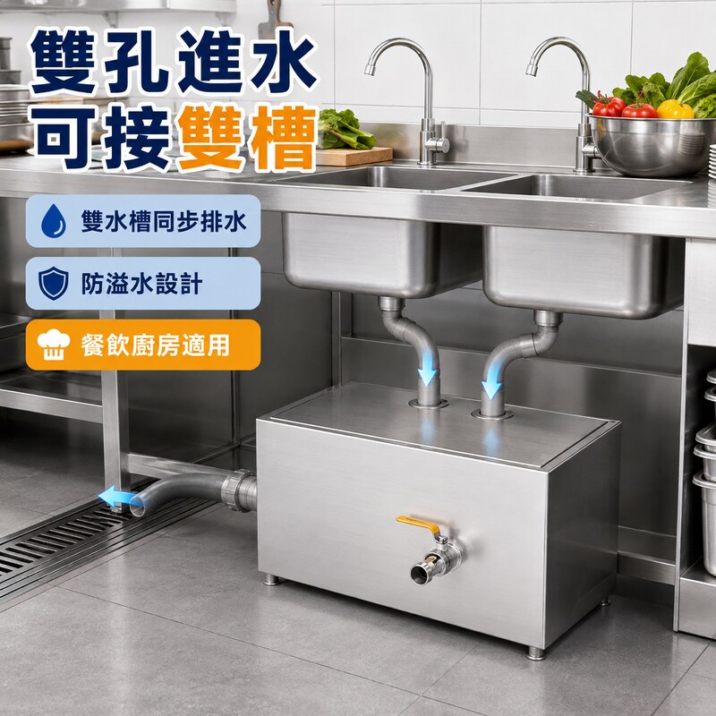 蝸居 截油槽 雙孔油水分離器 不鏽鋼廚房餐飲油脂過濾槽 雙水槽防溢水-廚房隔油池 隔油槽50×25×25cm