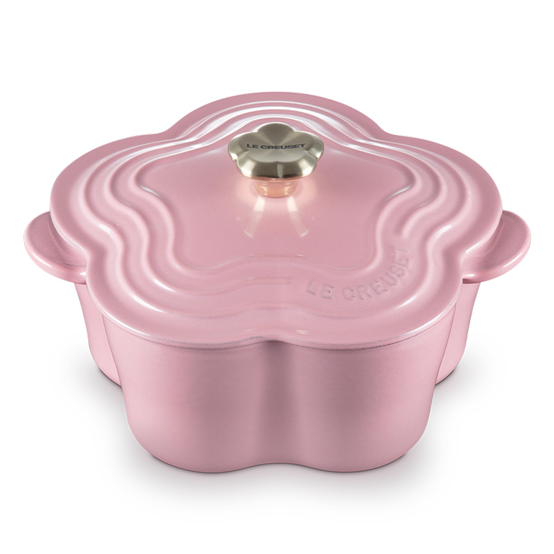 LE CREUSET -琺瑯鑄鐵鍋山茶花鍋20cm (薔薇-花型淡金頭-內鍋白