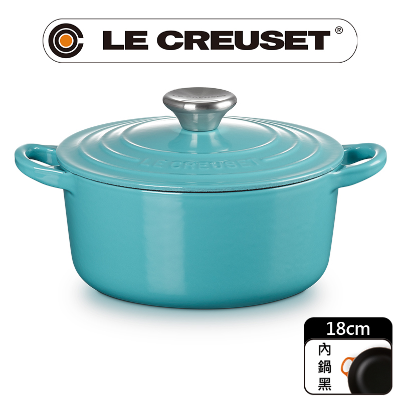 LE CREUSET -典藏琺瑯鑄鐵鍋圓鍋 18cm (土耳其藍-鋼頭-內鍋黑)