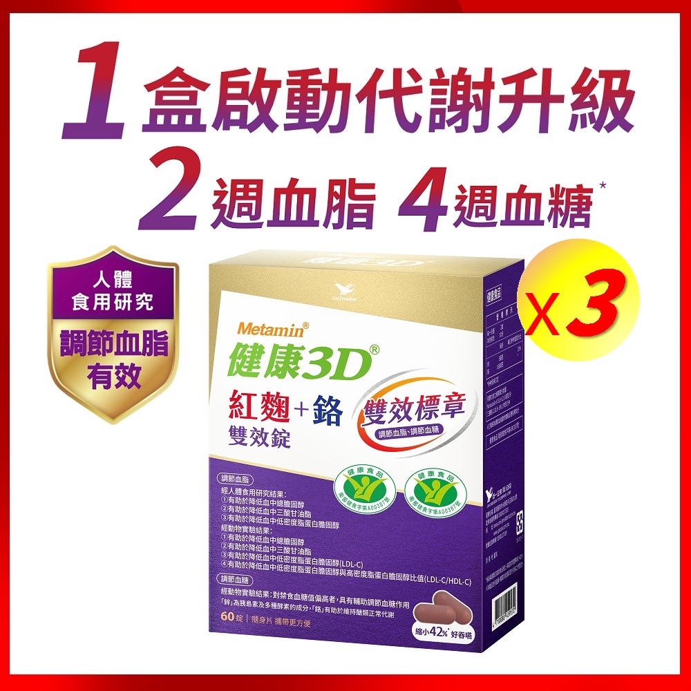 統一 健康3D紅麴+鉻雙效錠(60錠/盒) 含苦瓜胜肽 提升代謝!調節血糖血脂雙效健食標章