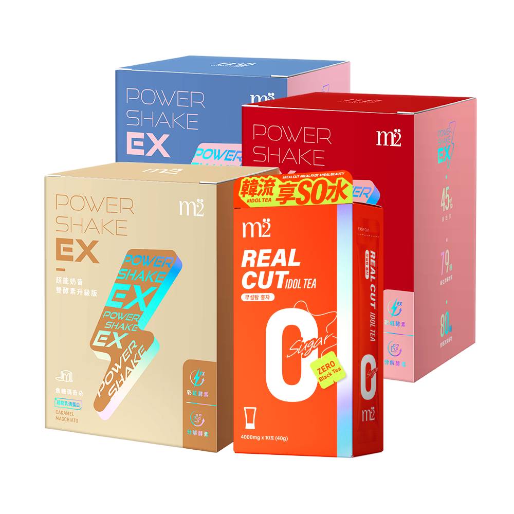 m2 美度 Power Shake 超能奶昔-黑絲絨奶茶x1盒+焦糖瑪奇朵x1盒+草莓優格x1盒+康普茶