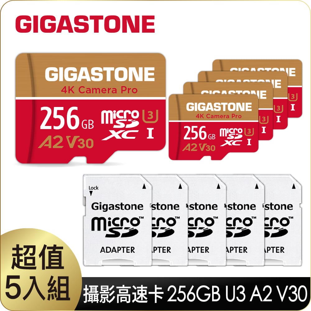 Gigastone 立達 4K Camera Pro microSDHC UHS- U3 A2 V30 256GB (5入組)攝影高速記憶卡(附SD轉卡)