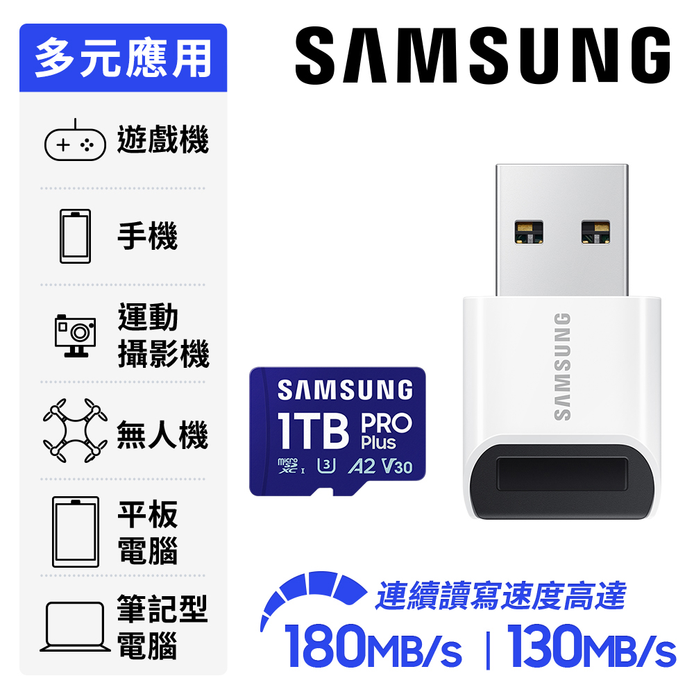 Samsung 三星  PRO Plus microSDXC UHS-I U3 A2 V30 1TB記憶卡 含高速讀卡機 公司貨