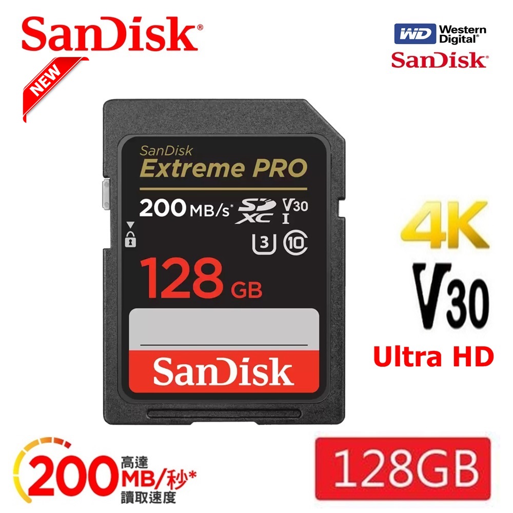 SanDisk 晟碟   NEW 128GB Extreme Pro SDXC UHS-I(V30) 200MB/s 記憶卡 (原廠有限永久保固)