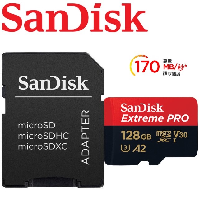 [全新升級版] SanDisk ExtremePRO microSDHC UHS-I(V30)(A2) 128GB 記憶卡 終身保固 (附轉卡)
