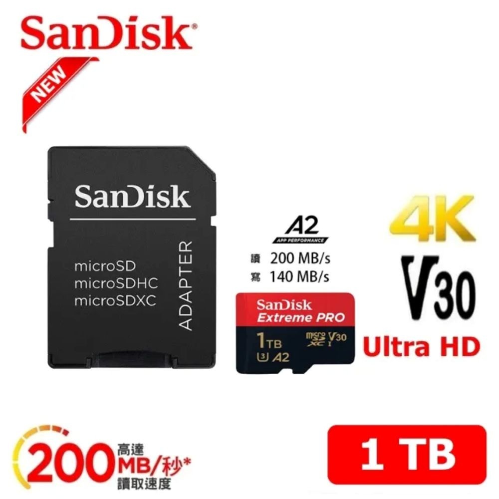 SanDisk 晟碟 [極速升級 全新版] 1TB ExtremePRO A2 記憶卡 附SD轉卡(高速讀取200MB/s 原廠永久保固)