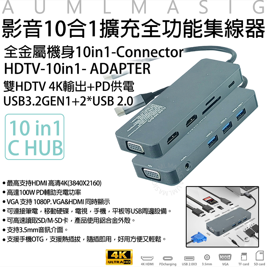滿額免運送達【AUMLMASIG全通碩】影音 10合1 擴充全功能金屬機集線器+HDMI 4K輸出+PD+USB3.2 GEN2 10GBPS+內建3大晶片包含影像處理晶片+大廠USB主控晶片+音效處理晶片+PD充電+3.5MM音訊+支持MST功能 支持DP MODE（其他規格）