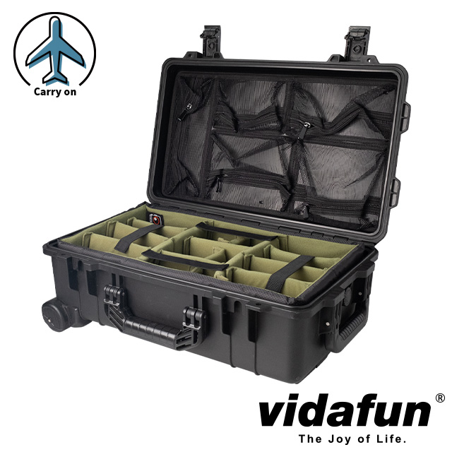 Vidafun   V22 防水氣密抗撞提把滑輪箱 黑色【氣密箱+內膽隔板組(綠色)+上蓋收納網袋】