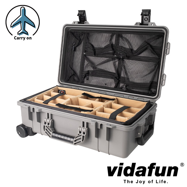 Vidafun   V22 防水氣密抗撞提把滑輪箱 灰色【氣密箱+內膽隔板組(沙色)+上蓋收納網袋】