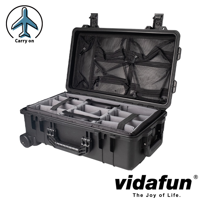 Vidafun   V22 防水氣密抗撞提把滑輪箱 黑色【氣密箱+內膽隔板組(灰色)+上蓋收納網袋】