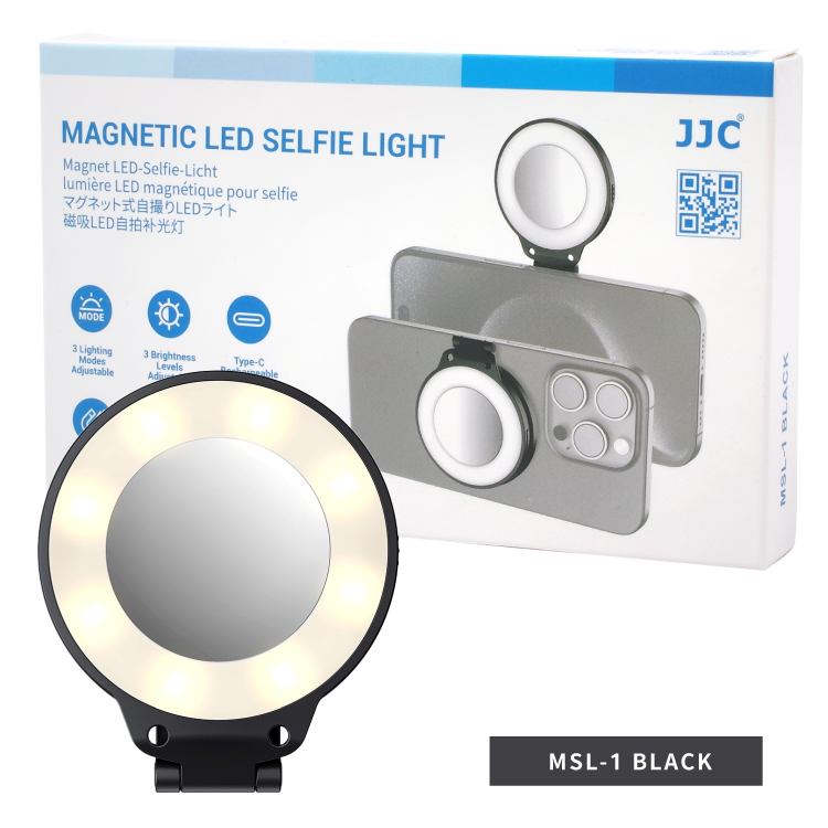 JJC Magsafe磁吸鐵USB-C充電2合1手機自拍鏡+LED補光燈MSL-1 BLACK(附磁鐵貼紙,亦適無Magsafe手機)自拍神器