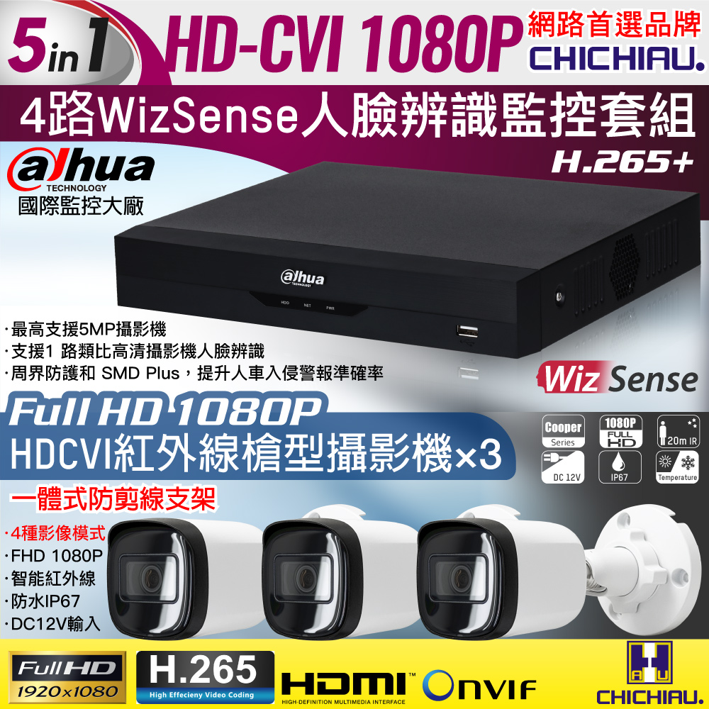 CHICHIAU 奇巧 Dahua大華 H.265 5MP 4路CVI 1080P數位遠端監控套組(含200萬紅外線槍機型攝影機x3)