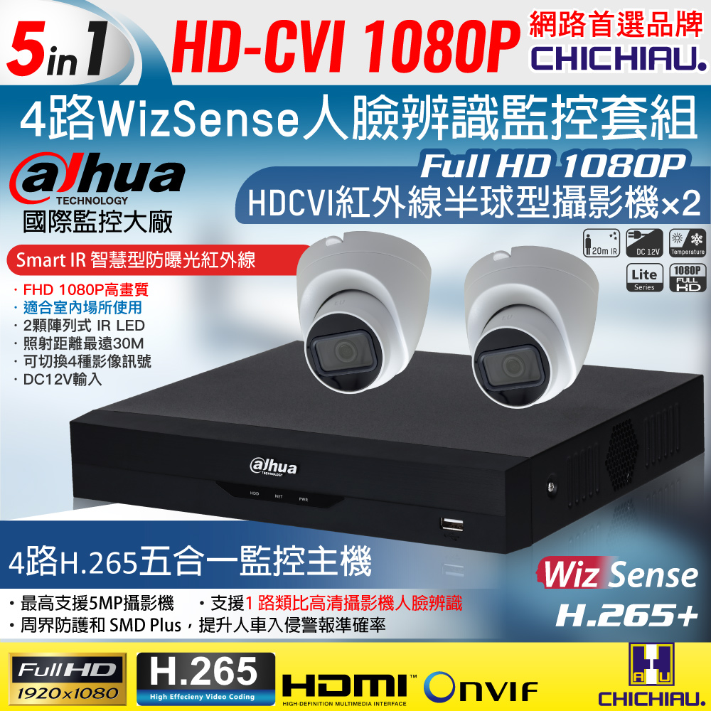 CHICHIAU 奇巧 Dahua大華 H.265 5MP 4路CVI 1080P數位遠端監控套組(含200萬紅外線半球型攝影機x2)