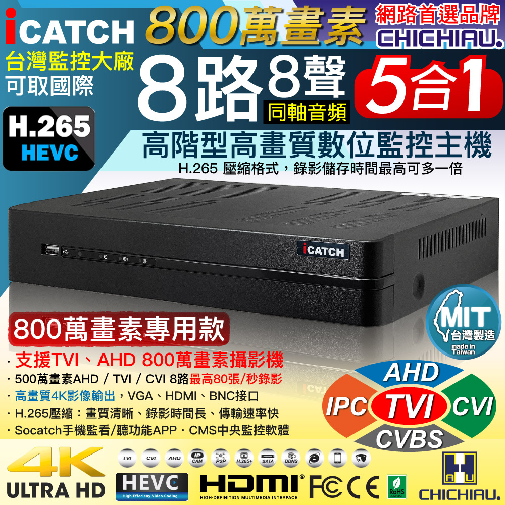 CHICHIAU 奇巧 H.265 8路8聲同軸音頻 8MP 5MP台製iCATCH數位高清遠端監控錄影主機（其他規格）