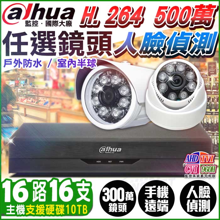 KingNet 帝網 監視器套餐 大華監控 16路16支 監控套餐 5MP 主機 搭 1080P 鏡頭 H.264 支援 AHD TVI CVI 500萬 400萬 720P 類比 人臉偵測 向下相容 手機遠端