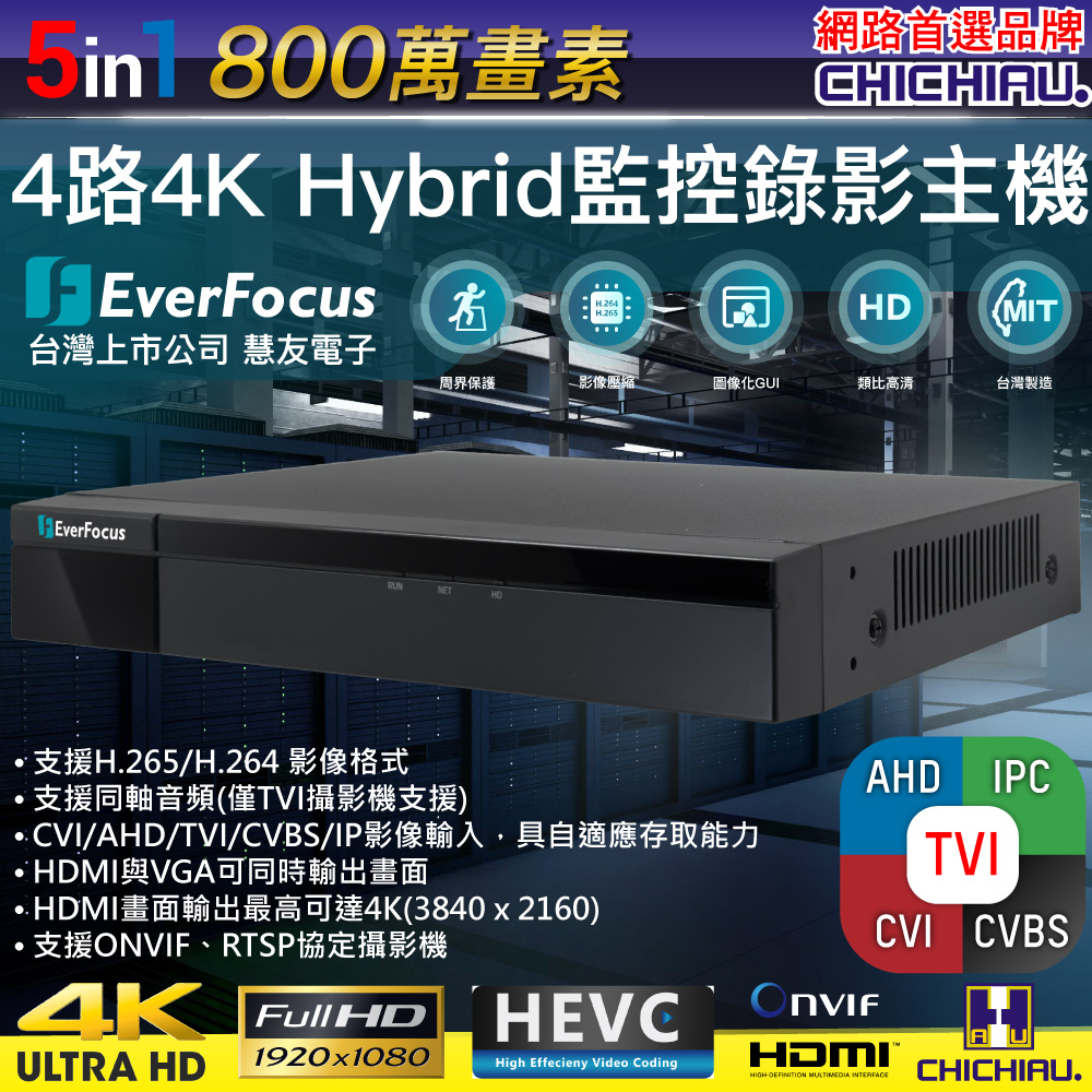 CHICHIAU 奇巧 EverFocus 慧友電子 4路8MP 5MP混搭型數位遠端網路監控錄影主機 UNIGUARD1_4H