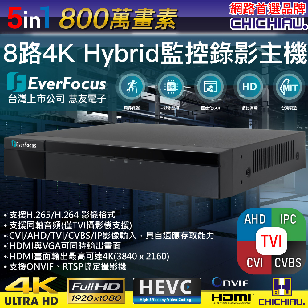 CHICHIAU 奇巧 EverFocus 慧友電子 8路8MP 5MP混搭型數位遠端網路監控錄影主機 UNIGUARD1_8H