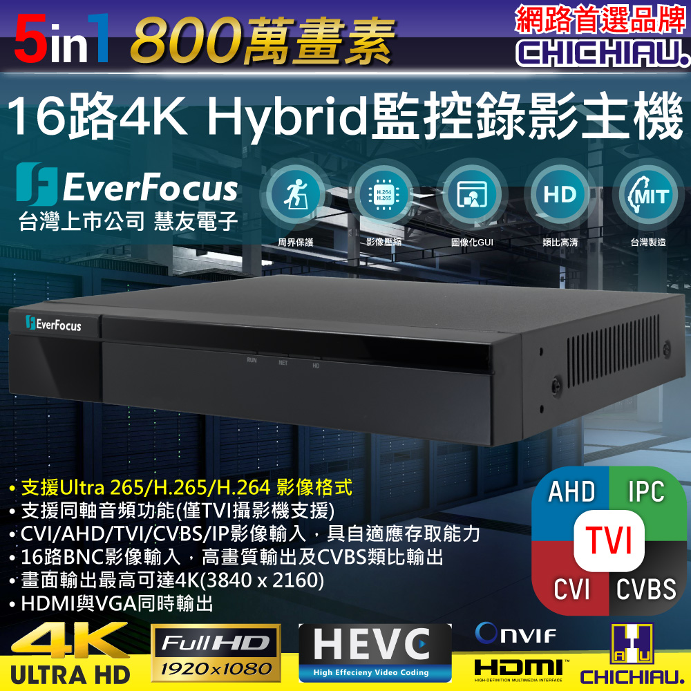CHICHIAU 奇巧 EverFocus 慧友電子 16路8MP 5MP混搭型數位遠端網路監控錄影主機 UNIGUARD1_16H
