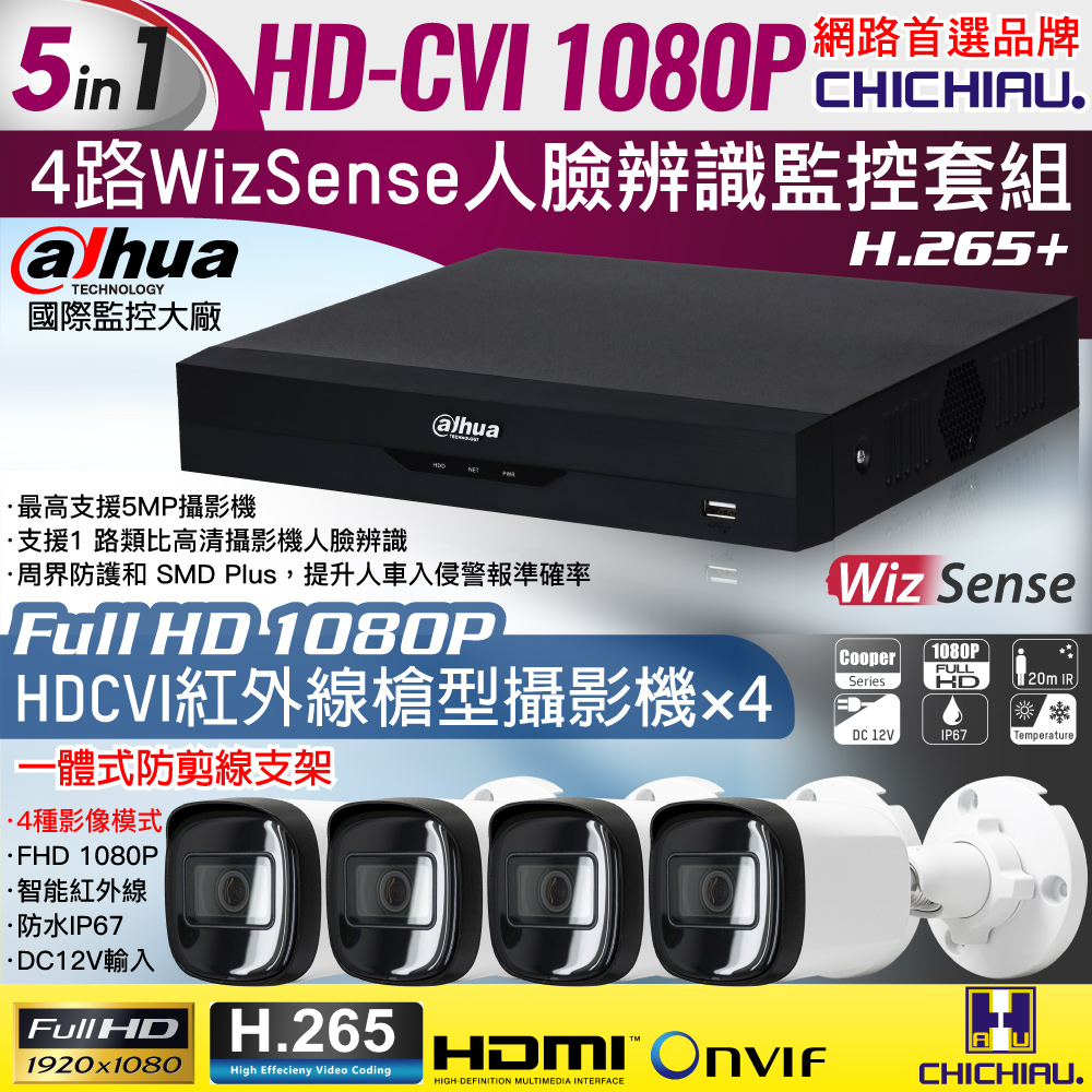CHICHIAU 奇巧 Dahua大華 H.265 5MP 4路CVI 1080P數位遠端監控套組(含200萬紅外線槍機型攝影機x4)