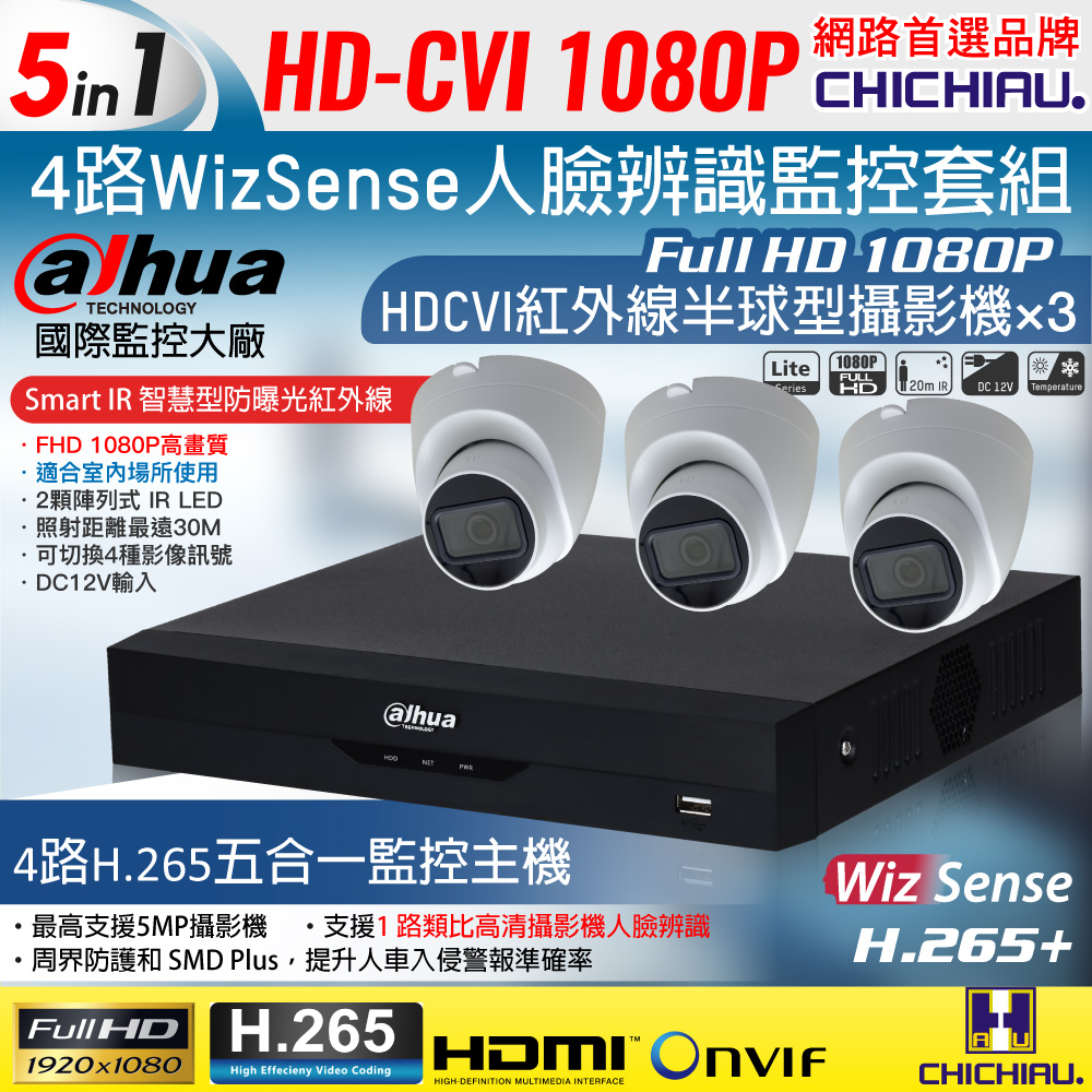 CHICHIAU 奇巧 Dahua大華 H.265 5MP 4路CVI 1080P數位遠端監控套組(含200萬紅外線半球型攝影機x3)（其他規格）