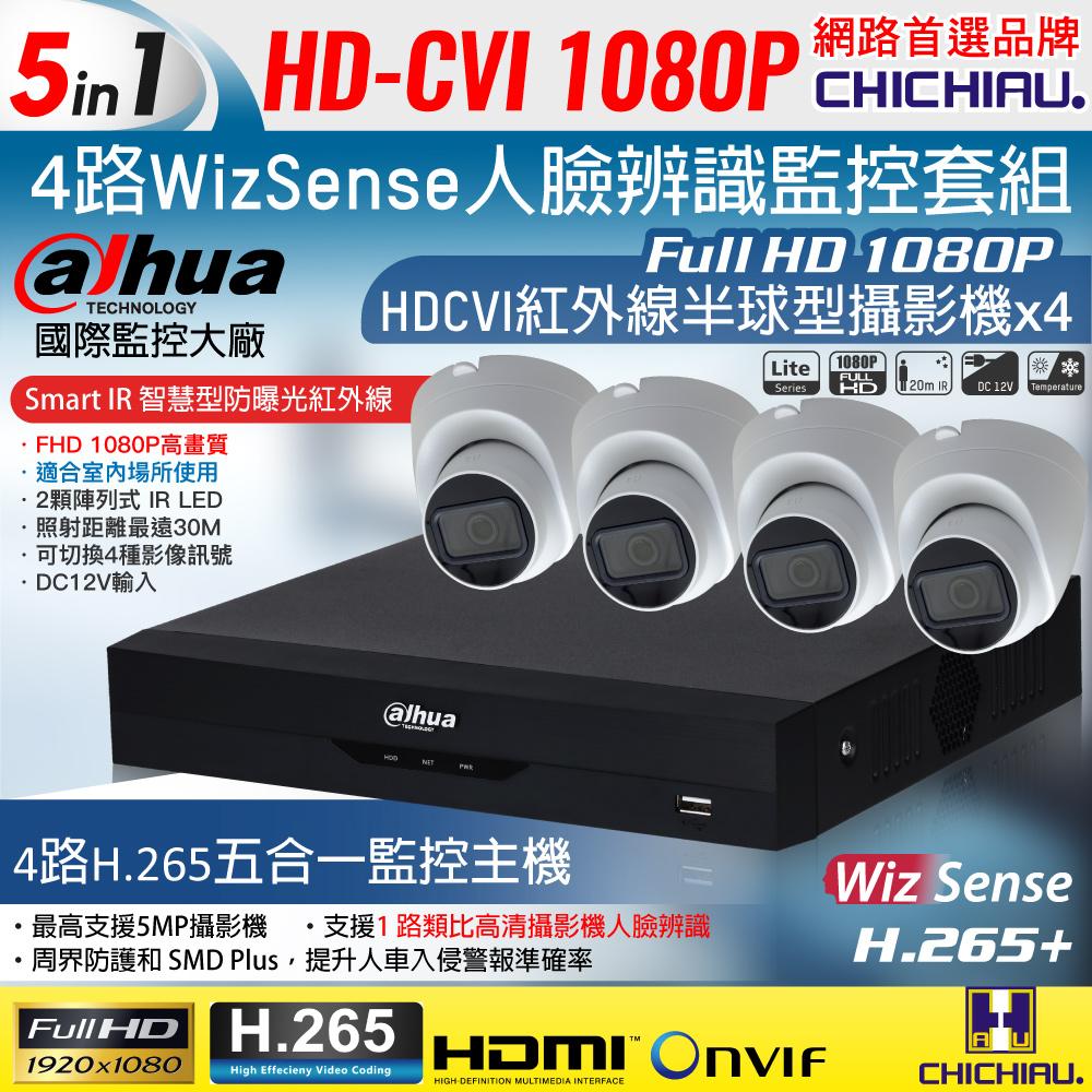 CHICHIAU 奇巧 Dahua大華 H.265 5MP 4路CVI 1080P數位遠端監控套組(含200萬紅外線半球型攝影機x4)