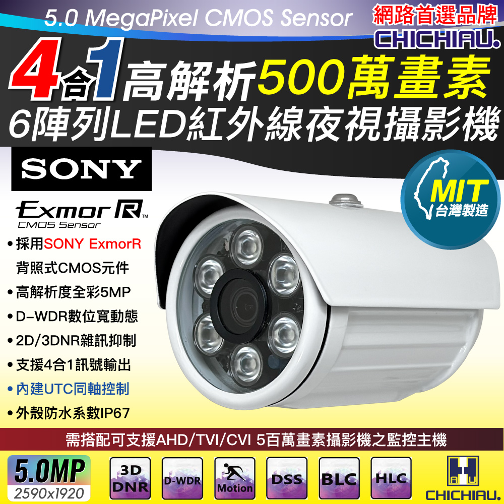 CHICHIAU 奇巧 5MP AHD/TVI/CVI/CVBS 四合一 SONY 500萬畫素高清6陣列燈監視器攝影機