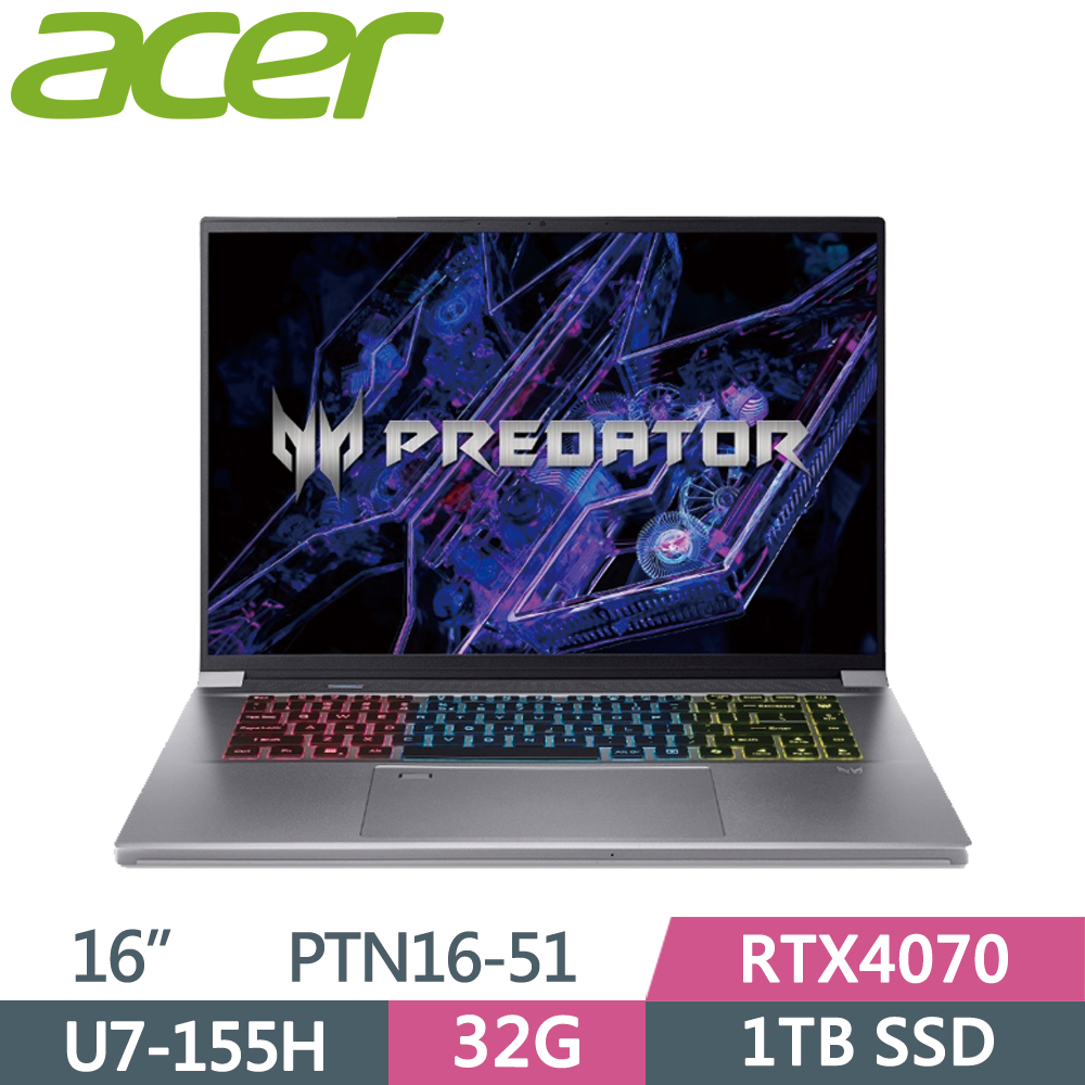 ACER Predator Triton PTN16-51-73KS 銀(Ultra 7-155H/32G/1TB SSD/RTX4070/WIN11/165Hz/16)筆電