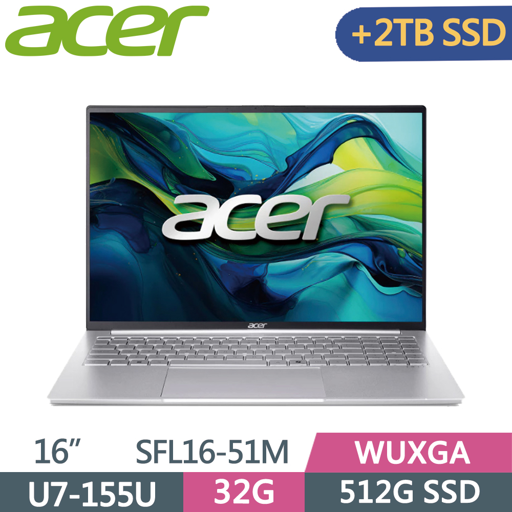 Swift Lite 16 SFL16-51M-74W7 16吋 輕薄AI筆電 銀 Ultra 7-155U/32G/512G+2TB SSD/WUXGA/16/W11)特仕