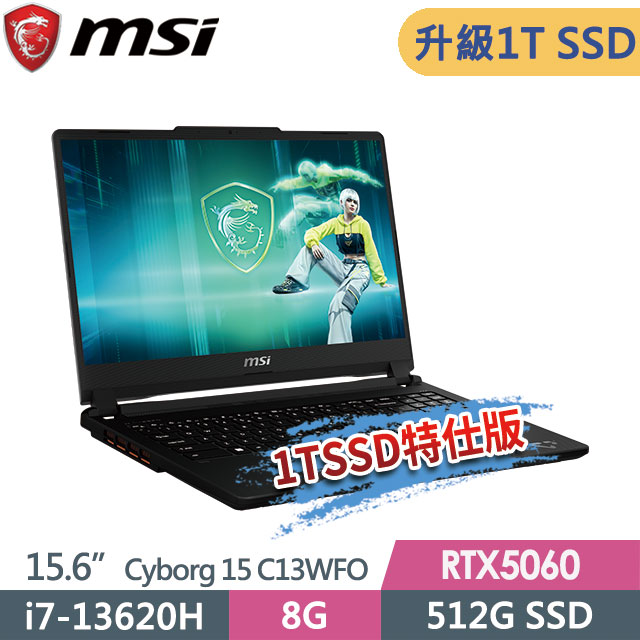 MSI 微星 Cyborg 15 C13WFO-288TW(i7-13620H/8G/1T SSD/RTX5060-8G/15.6FHD/W11)特仕電競筆電