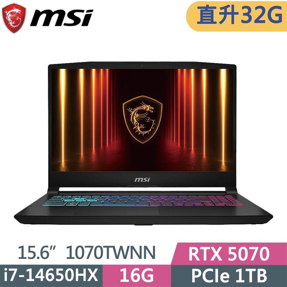 MSI 微星 KATANA 15HX B14WGK-1070TWNN 黑(i7-14650HX/16G+16G/1TB SSD/RTX5070/W11/15.6)特仕