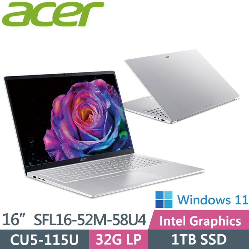 ACER 宏碁 Swift Lite SFL16-52M-58U4 銀 (Ultra5 115U/32GB/1TB/W11/16吋)AI文書效能筆電