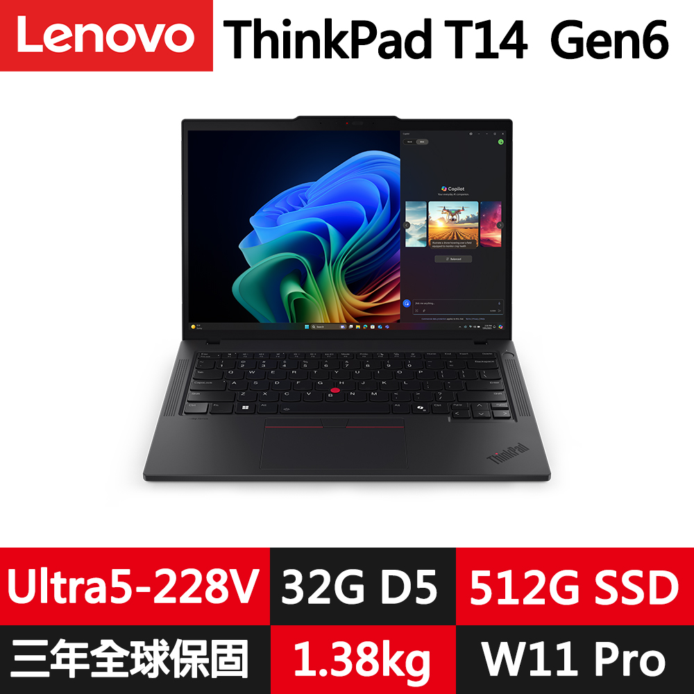 LENOVO 聯想 ThinkPad T14 Gen6 14吋輕薄1.38kg效能商務筆電(Ultra5-228V/32G/512G/WUXGA/IPS/W11P)