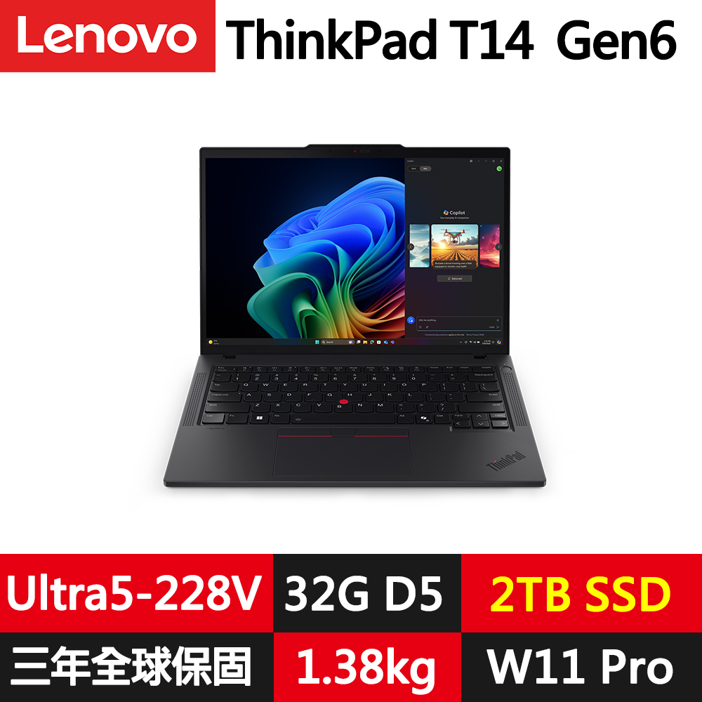 LENOVO 聯想 ThinkPad T14 Gen6 14吋輕薄1.38kg效能商務筆電(Ultra5-228V/32G/2TB/WUXGA/IPS/W11P/規格升級)