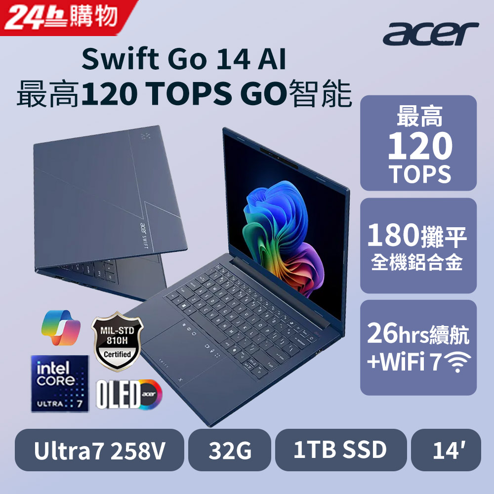 Swift Go 14吋 AI筆電藍(Ultra7-258V/32G/1TB/Intel ARC/W11/SFG14-75-76T1)