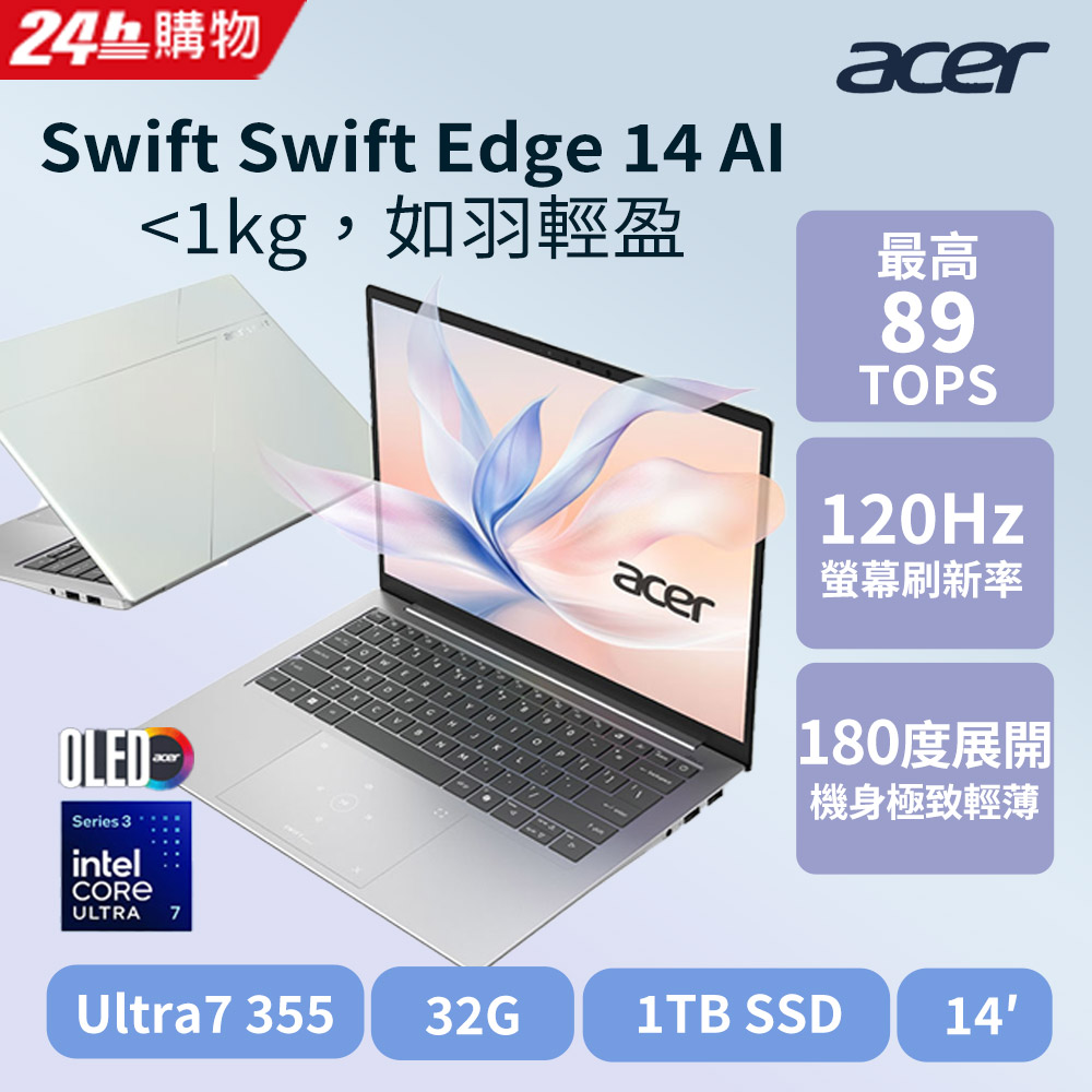 ACER 宏碁 【2024家用版】ACER Swift Edge14吋AI效能筆電 極光白 (Ultra 7 355/32G/1TB/OLED/SFE14-I51-75LQ)