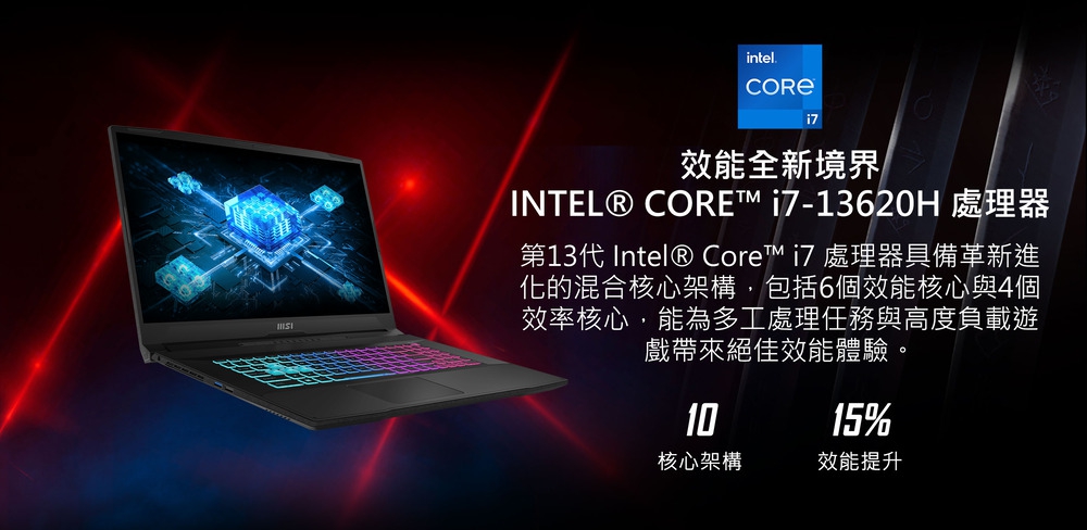 intel.效能全新境界INTEL® CORE i7-13620H 處理器第13代 Intel® Core i7 處理器具備革新進化的混合核心架構,包括6個效能核心與4個效率核心,能為多工處理任務與高度負載遊戲帶來絕佳效能體驗。1015%核心架構效能提升