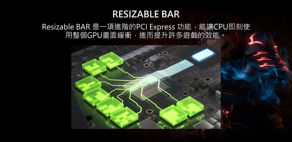 RESIZABLE BARResizable BAR 是一項進階的PCI Express 功能,能讓CPU即刻使用整個GPU畫面緩衝,進而提升許多遊戲的效能VIDIA