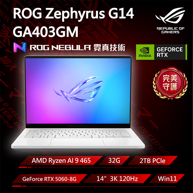 ASUS ROG 華碩 Zephyrus G14 14吋輕薄AI電競 銀(Ryzen AI 9 465/32G/2TB/GeForce RTX 5060/GA403GM-0092H465H-NBLO)