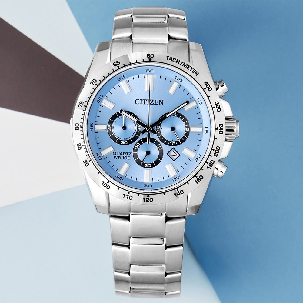 CITIZEN 星辰 Chronograph 紳男三眼計時手錶 雙11禮遇-冰河藍/44mm AN8230-59L