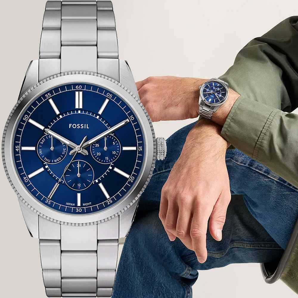 FOSSIL Pearson 多功能三眼手錶-銀x藍/42mm FS6134